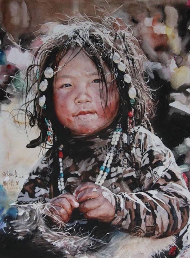liu yunsheng aquarelles portraits 2 - Ces Visages Radieux de Tibetains en Aquarelle Hyperrealiste - Voyage, Peinture, Hyperrealisme, Art Contemporain