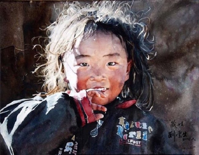 liu yunsheng aquarelles portraits 4 - Ces Visages Radieux de Tibetains en Aquarelle Hyperrealiste - Voyage, Peinture, Hyperrealisme, Art Contemporain