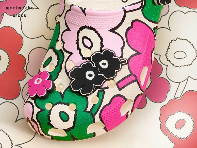 crocs marimekko sabots chaussures sacs tote bag accessoires ete 2025 fleurs couleurs prix