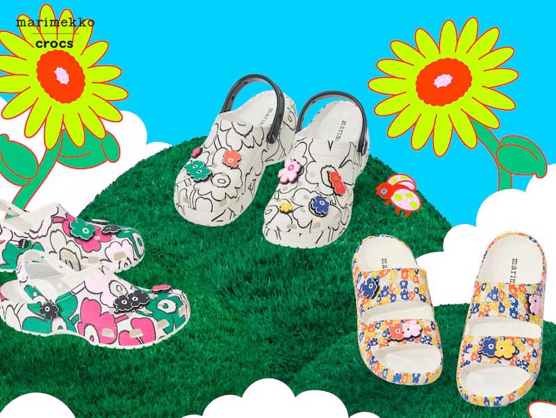 crocs marimekko sabots chaussures sacs tote bag accessoires ete 2025 fleurs couleurs prix